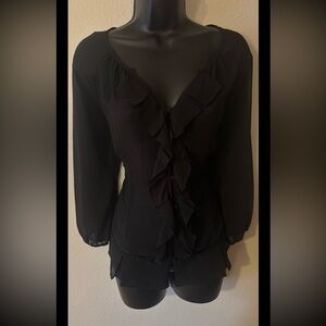 Worthington Black Ruffled V-Neck Button Up